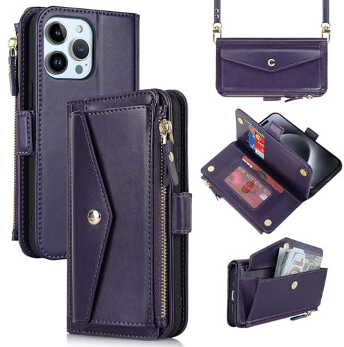 Zouzt for iPhone 15 Pro Wallet Case for Women, Purse with Credit Card Holder Slots Crossbody Lanyard Strap Zipper Flip Book Shockproof Protective Phone Cover for Apple 15 Pro 6.1 Inch (Purple)