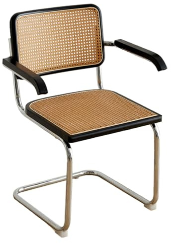 Mid Century Esszimmerstuhl Akzentstuhl mit natürlicher Rohrrückenlehne und rostfreiem Chromgestell, gepolsterter Holz-Rattan-Küchenstuhl für Wohnzimmer/Schlafzimmer/Esszimmer/Hof