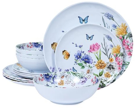 Lechoo Service de table 12 pièces en mélamine – Assiettes et bols – Service de table floral – Plats de camping printaniers pour l'intérieur et l'extérieur, motif fleurs et papillons