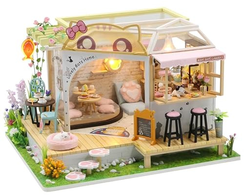 DIY Cat Cafe Miniatur Puppenhaus Kit mit LED-Licht, 1:24 Maßstab handgemachte Katze Kaffee Garten Puppenhaus, kreative Geburtstagsgeschenk für Teenager Kind (Katzen-Café Puppenhaus)
