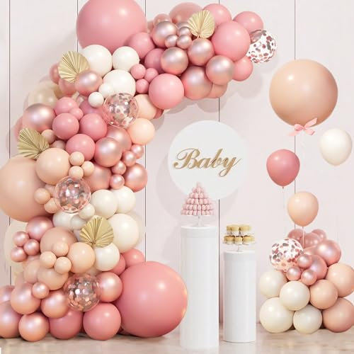 Ballon Garland Set 111 Stück Rosegold Weiß - Rosa Luftballon Girlande für Geburtstag, Hochzeit, Babyparty Dekoration mit Altrosa & Pink Ballons für Mädchenfeiern Baby Shower Party Dekoration