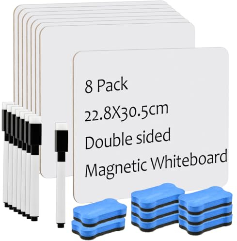 8 Stück kleines Dry Erase White Board, 23 x 30 cm Doppelseitiges Mini Whiteboard, tragbare Whiteboards für Schüler, Klassenzimmer, Zuhause und Büro, mit 8 Stiften und 8 Radiergummis