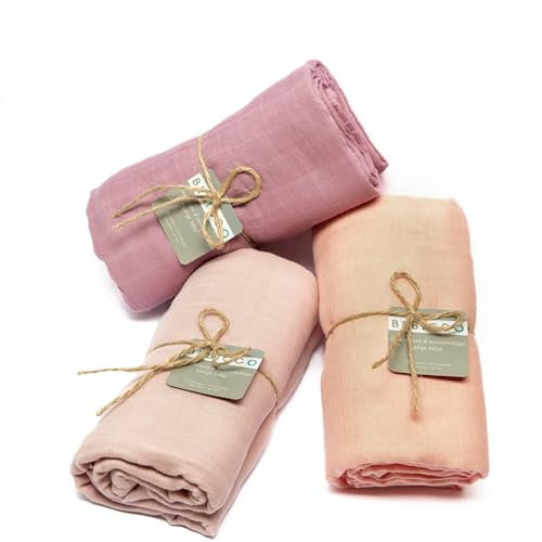 BEBICCO Lot de 3 Langes Bébé 120x120 cm – 100% Gaze de Coton Bio Ultra Douce – Couvertures d’Emmaillotage Légères, Respirantes & Faciles à Laver – Idée Cadeau de Naissance.