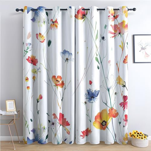 Aquarell Blumen Vorhänge, Verdunklungsvorhänge mit Muster Floral Pflanzen, Vorhang Blickdicht mit Ösen, Gardinen für Wohnzimmer Schlafzimmer Kinderzimmer Deko 2er Set - 160x132 (H X B) (Wx-&91)