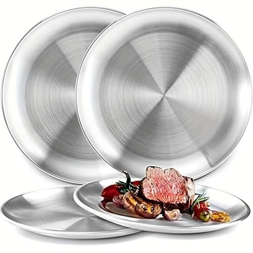 trabag 3 Pezzi Piatti Campeggio, Diametro 20 Cm Piatti Rotonde In Acciaio Inox, Piastra Acciaio Inox, Tavola Portatile Per Campeggio All'Aperto, Escursionismo, Picnic, Bbq, Spiaggia
