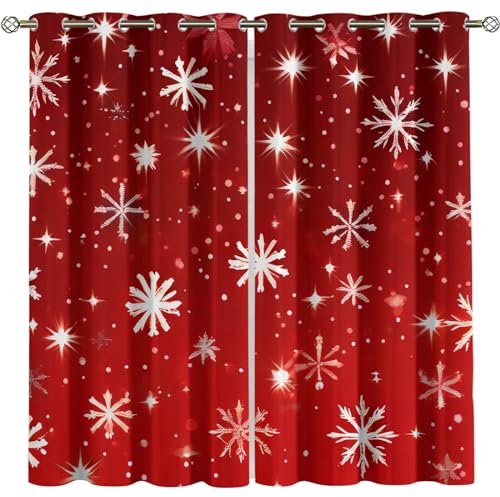 MELABE Weihnachts-Retro-Rot Verdunklungsvorhänge, Weiße Schneeflocken 3D Digitaldruck Ösen Vorhang 2Er Set, Blickdicht Gardinen Kinderzimmer Schlafzimmer Wohnzimmer Thermovorhang 2 x 150B x 270H cm
