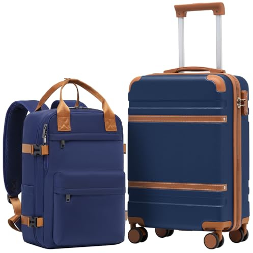 COOLIFE Ryanair Valigia Bagaglio a mano,Set di Valigie,Trolley,Valigia da cabina 55×35×20 e zaino da imbarco 20L(40×25×20cm) Chiusura a combinazione laterale con TSA (Blu Marrone, 55×35×20 -Set 2pzs)