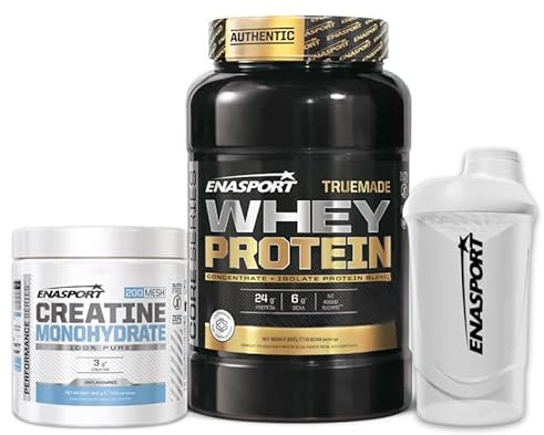 Pack Truemade Whey Protein sabor Chocolate 907 g + Creatina Monohidrato 300 g + Enasport Shaker Wave Blanco 600 ml