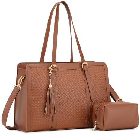 Sac fourre-tout pour ordinateur portable de 15,6, sac fourre-tout de travail en cuir synthétique tissé à la main pour femme, sac fourre-tout de grande capacité avec pochette pour entreprise, travail,