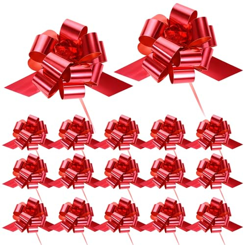Amaxiu 20 Lazos Navideños Tirables, Lazos de Regalo de 5 Pulgadas con Cinta Roja, Lazos Grandes Rojos para Regalos, Suministros de Envoltura de Regalos, Lazo de Regalo para Decoración Navideña, Xmas