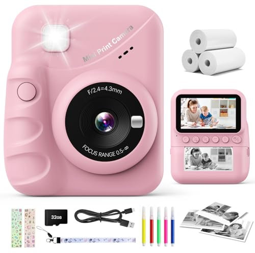 CalineGam Sofortbildkamera Kinder, 3,0 Zoll Bildschirm 48MP Kinderkamera Sofortbildkamera mit 32 GB-Karte, 1080P HD Kamera Kinder Sofortdruck, Geschenk für 3-12 Jungen und Mädchen (Rosa)