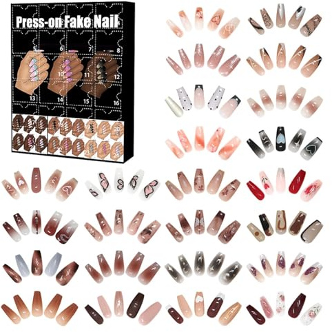 Beauty Advent Calendar 2024, 24 Colors Fake Nail Advent Calendar, 24 Days Christmas Countdown Calendar Full Cover Press on Fake Nails with Jelly Gel, Christmas Holiday D-IY Nail Favors for Women Girls