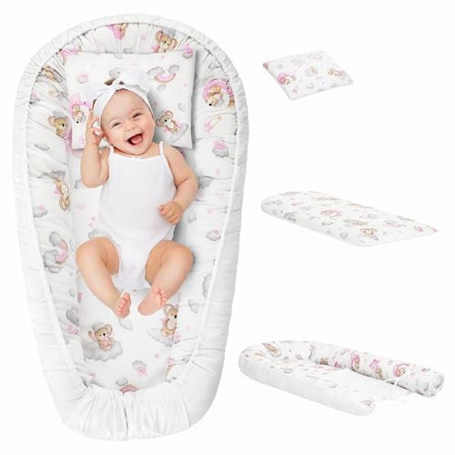 PillowPrim 3 teilig Babynestchen Set Babynest 94x53x10 - Multifunktionale Kuschelnest Babynest - Kokon für Babys und Säuglinge – antiallergisch - Wickelauflage Kuschelbett (Der schlafende Bär)