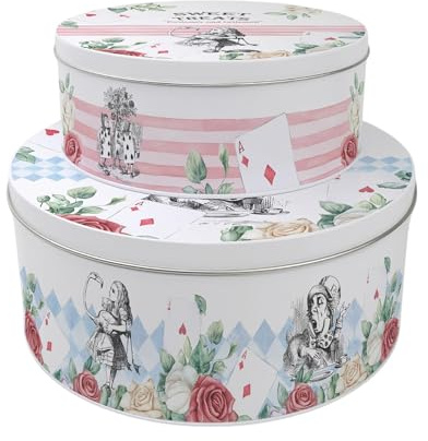 Purely Home Alices Adventures in Wonderland Set of 2 Cake Tins - Nesting Round Large & Medium Metal Storage Containers for Cakes and Baking - Colourful Storybook Homeware Gifts