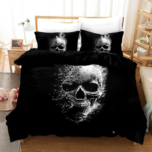 UGZDEA Set di biancheria da letto con teschio, set di biancheria da letto con stampa gotica del motivo del teschio nero, in microfibra con chiusura lampo (C, 220x240cm)