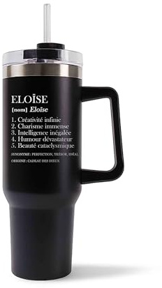 Planetee Mug Isotherme 1,2L - Eloïse Définition Noir – Bouteille avec Anse, Paille et Couvercle – Idée Cadeau Gourde Personnalisée