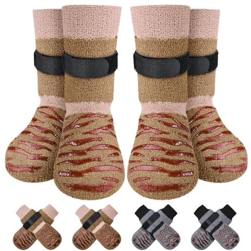 Eyein 2 Paar Doppelseitige Hundesocken, Anti-Rutsch Socken mit verstellbarem Klettverschluss für Hunde - Pfotenschutz auf Hartholzböden in Innenräumen (Braun, M)
