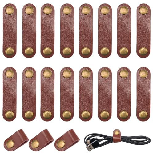CALFOVERA 30PCS Genuine Leather Cord Organizer Straps Brown Cowhide Leather Cables Ties Wraps Multipurpose Reusable USB Cord Wire Clips Keeper Holder with Snap for Travel Home Office Phone