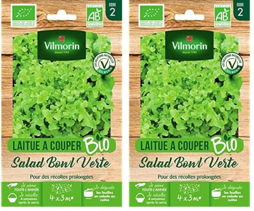VILMORIN - Laitue à Couper Salad Bowl Verte BIO - Récolte 4 Saisons - Variété Très Productive : Jusqu'à 3 Récoltes - Feuillage Vert-Blond - Vigoureuse - Résistante à la Chaleur - Sachet de 4 g
