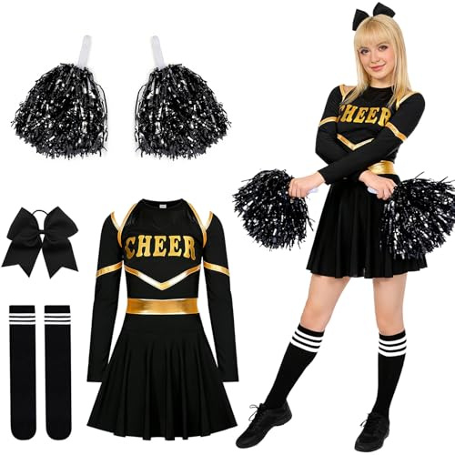 Cheerleader Kostüm Damen,Cheerleadering Outfit Fancy Dress Uniform,Cheerleading Uniform,Kostüme für Erwachsene,Cheer Uniform,mit Pompoms Haarband und Strümpfen,für Karneval,Fasching,Mottoparty