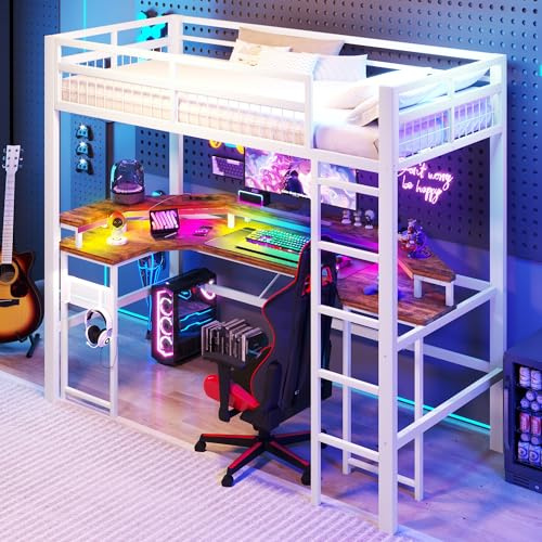 Xwiny Hochbett 90x200 cm mit LED-Lichtleiste, Kinderbett mit USB-Anschluss + Typ-C-Anschluss, Etagenbett mit Schreibtisch und Lochwand, Eisenrahmen, Weiß (Ohne Matratze)