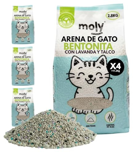MOLY x4 Arena para Gatos Bentonita Lavanda y Talco Biodegradable 11,2 KG 15 L | Arena Ecologica Vegetal de Bambu y Maiz Aglomerante | Alta Absorción Sin Polvo | Natural Compostable | Control Olor