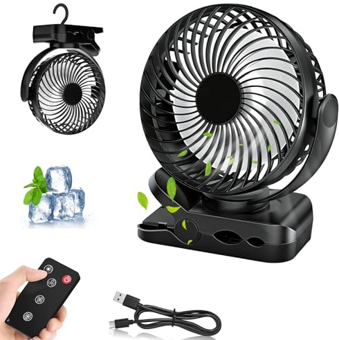 Clip Ventilator mit Fernbedienung,8000mAh USB Ventilator Leise, Oszillierend Mini Tischventilator mit LED Licht,Tragbarer Camping Ventilator Klemmventilator für Zuhause,Büro,Camping im Freien,Schwarz