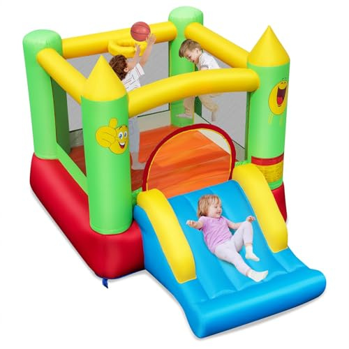GYMAX Kids Bouncy Castle with Slide and Basketball Hoop, Inflatable Jumping House for Outdoor Indoor (Smiling Face without Blower) | Inflatable Jumping House for Outdoor Indoor (Smiling Face without Blower)
