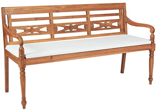 QJBSAVVA Batavia Gartenbank 150 cm Teak massiv 3-Sitzer Holzbank mit Polstern im Kolonialstil Sitzbank für Garten Terrasse und Balkon Braun Geöltes Teakholz Massivholzbank