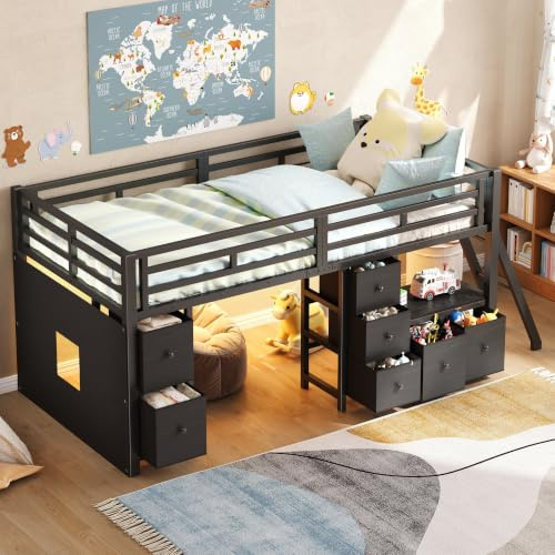 Arhatreya Halvhög säng 90 x 200 cm svart med 7 lådor och LED | Gott om lagringsutrymme, utrymmesbesparande koncept, modernt utseende, robust konstruktion för barn- och ungdomsrum