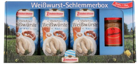 Zimmermann - Weißwurst Schlemmerbox inkl. Gratis-Senf inkl. Geschenkverpackung (3 Dosen & süßer Senf)