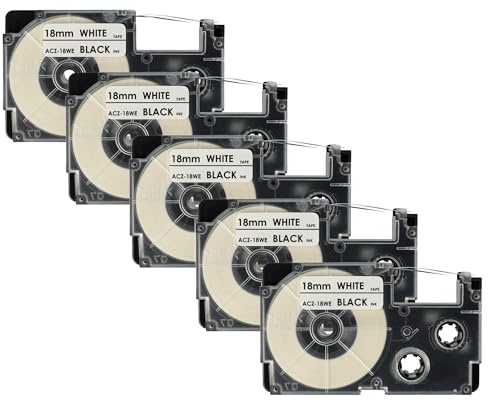 vhbw 5x Schriftband-Kassette kompatibel mit Casio KL-750E | KL-8100, KL-7400, KL-820, KL-780, KL-7200 Etiketten-Drucker 8m x 18mm Schwarz auf Weiß