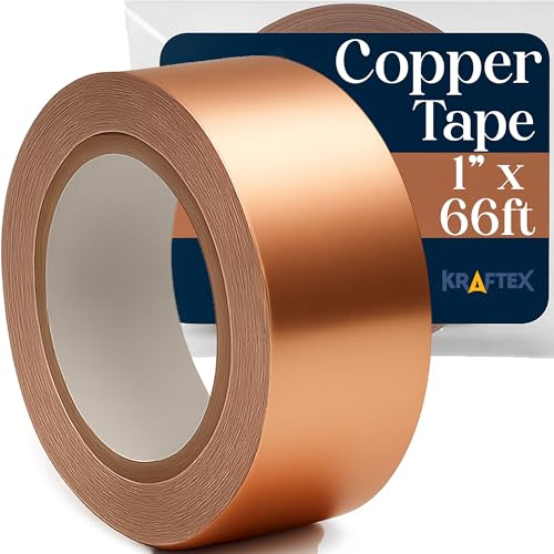 Kraftex Copper Tape [1 Inch x 66ft] – Conductive Copper Foil Tape with Adhesive for Stained Glass, Slug Barrier, Guitar Shielding & Faraday Cage