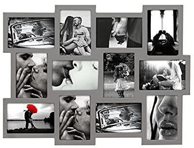 Rebecca Mobili Multiple Picture Frame Wall Hanging Photo Holder 12 Photo 10 x 15 cm Mdf Wood Grey Collage Effect - 47 x 60 x 2 cm (H x L x P) - Art. RE4880