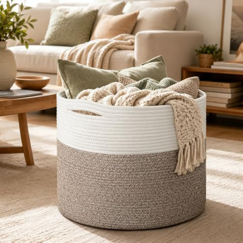 Goodpick 15.8 x 15.8 x 13.8 Inches Blanket Basket - Cotton Rope Baskets for Blankets & Toys, Nursery & Living Room Decor (Soft Material Design)