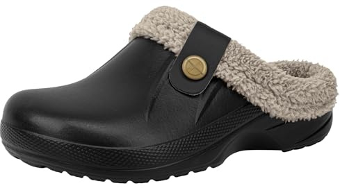 ChayChax Mujer Hombre Invierno Zuecos Forrados con Forro Caliente, Cómodos Zapatillas de Casa Impermeable con Suela Antideslizante para Exterior e Interior, Negro 1, 40/41 EU