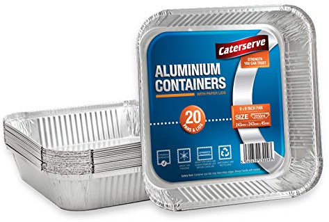 Aluminium Foil Trays with Lids - Large Tin Foil Containers for Roasting, Baking, Broiling, Cooking, Food Storage and Freezing - 9 x 9 inch Square (20 Trays and Lids)