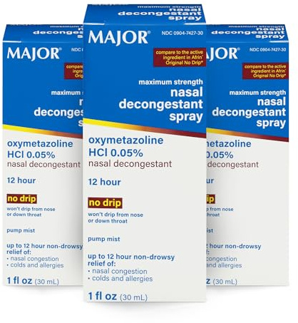 MAJOR Maximum Strength Nasal Decongestant Spray, Oxymetazoline HCl 0.05% Pump Mist, Non-Drowsy Nasal Spray, up to 12-Hour Relief from Nasal Congestion, Colds, and Allergies 1 Fl. Oz. (3-Pack)