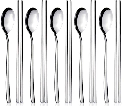 5 Pairs Chopsticks and 5 Spoons Set, YFWOOD 10 Pieces Korean Stainless Steel Chopsticks Spoons, Kitchen Reusable Metal Flat Long Handle Chopstick Spoon Set for Home, Kitchen or Restaurant