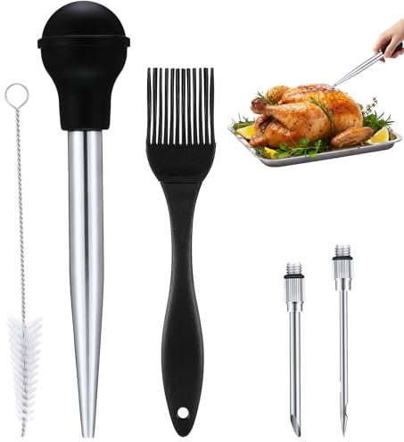 5 Pieces Large Turkey Baster Set Including 1 Stainless Steel Turkey Baster 2 Needles 1 Basting Brush and Cleaning Brush for Kitchen Baking Cooking Beef Pork Fish