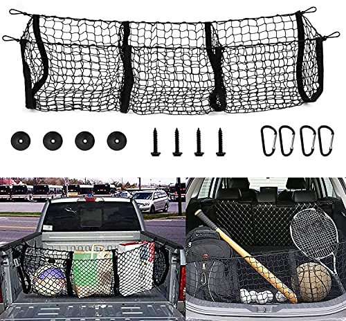 ConBlom Cargo Net with Hooks, 3 Pocket Trunk Cargo Organizer Mesh Storage Net, Heavy Duty Cargo Net with Free Four Metal Carabiners for Pickup Trunk Beds SUV Trailer Van