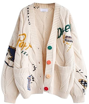 Sweaters for Women Cartoon Cute Loose Knit Cardigan Female Japanese College Style Sweater Coat (Color : White, Size : One Size)