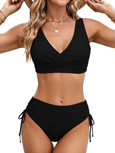 Bañadores Mujer Trajes de Baño de Dos Piezas Bikini Brasileño Mujer Cintura Alta Bikini 2 Pieza Talle Alto Correas Laterales Cuello V Push Up (Negro, S)