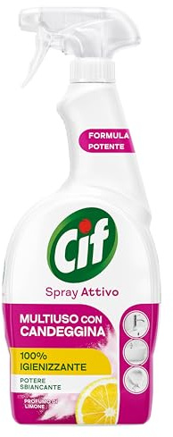 Cif Spray Attivo con Candeggina, Profumo al Limone, 650 ml, per le Superfici di Tutta la Casa e Pretrattante sui Tessuti Bianchi*, Formula con Potere Sbiancante, Adatto per Aree Dove si Cucina