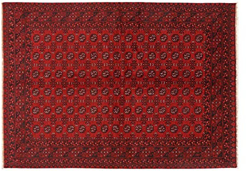 RUG PRINCE Afghan Aqcha Teppich 200x300 Handgeknüpft Rot Geometrisch Orient Kurzflor f
