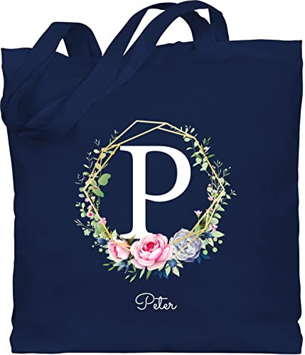Baumwolltasche - Initialen mit Namen - Unisize - Navy Blau - beutel kindergarten namens geschenke buchstaben buchstabe stoffbeutel einkaufstasche jutebeutel krankenschwester anfangsbuchstabe