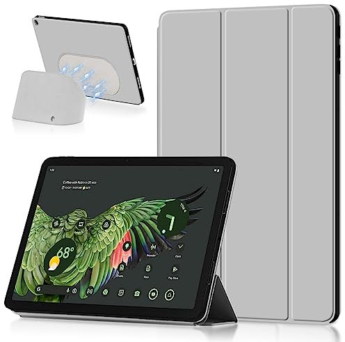 Miimall Kompatibel mit Google Pixel Tablet Hülle mit Ständer, Ultradünn TPU + PU Kratzfest Anti Drop Drahtloses Aufladen Flip Cover Case für Google Pixel Tablet 2023 -Grau