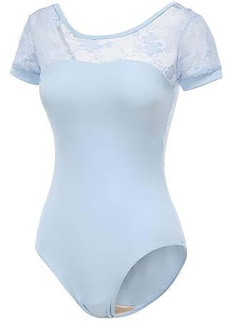 Lanbodance Damen Kurzarm Balletttrikot Gymnastik Tanz Erwachsene Trikot Bodysuit, Himmelblaue Spitze, M