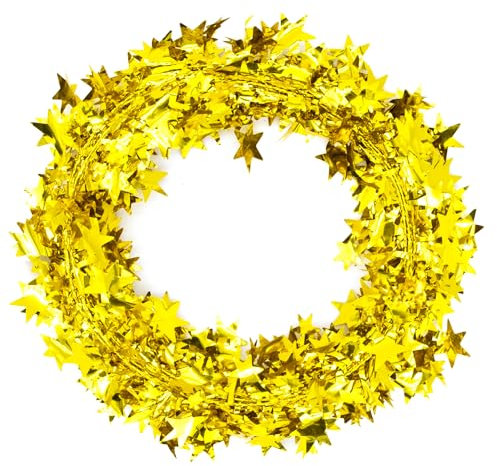 CHEERYMAGIC Star Shaped 25ft Christmas Trees Tinsel Wire Garland for X-mas Decorations, Glitter Star Garland for Christmas Indoor Decor A3XXTT (royal gold)