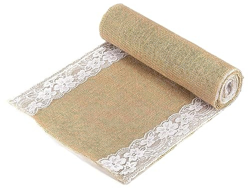 Jute Tischläufer mit Spitze, 10m*30cm Rolle für Vintage Hochzeit Tischdeko - Natur Jutestoff, Natürliches Sackleinen für Feste, Tischdekoration (Spitze auf Beiden Seiten)